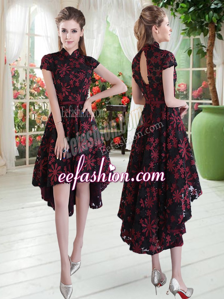  A-line Prom Dresses Red And Black High-neck Lace Short Sleeves High Low Zipper