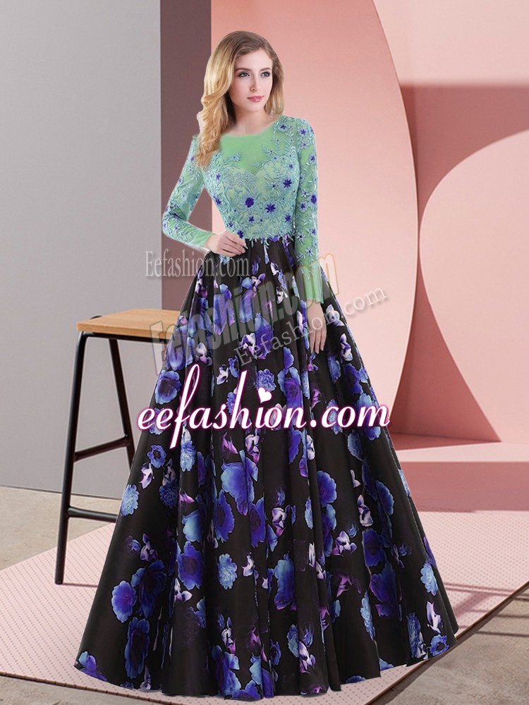  Multi-color Prom Dresses Prom and Party and Military Ball with Appliques Scoop Long Sleeves Sweep Train Lace Up