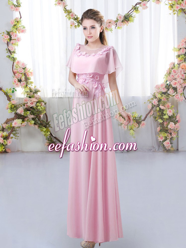 Stylish Rose Pink Empire Appliques Quinceanera Dama Dress Zipper Chiffon Short Sleeves Floor Length
