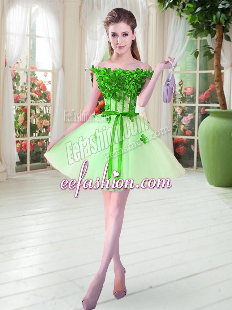 Nice A-line Apple Green Off The Shoulder Tulle Sleeveless Mini Length Lace Up