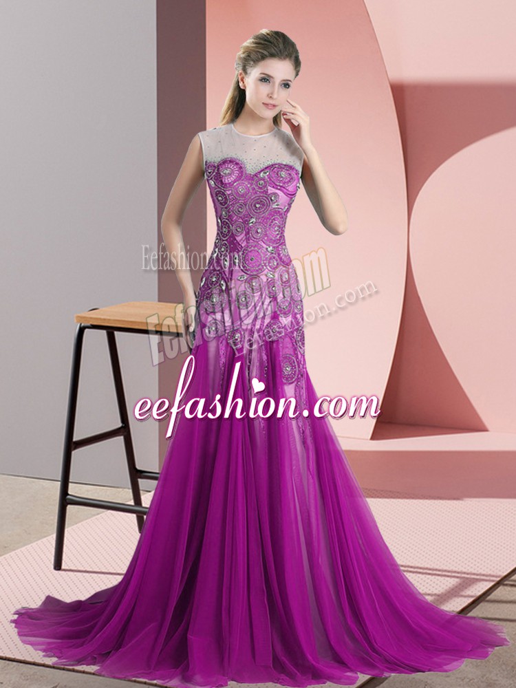  Purple Sleeveless Beading and Appliques Backless Prom Dresses