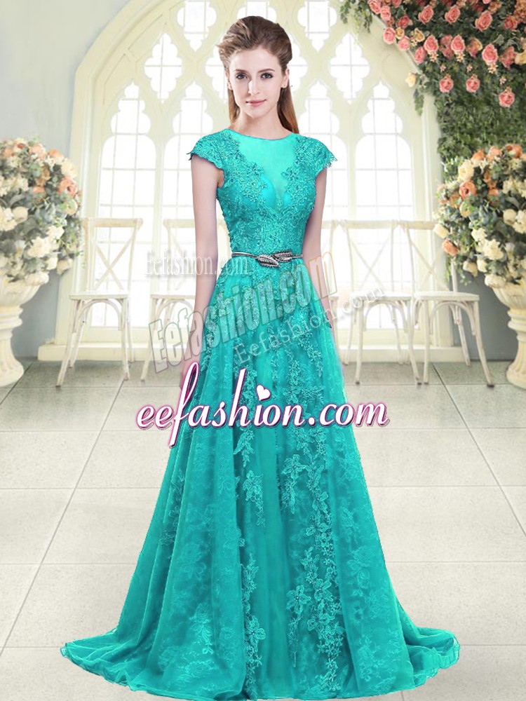 Glittering Aqua Blue and Green Cap Sleeves Sweep Train Beading and Lace Dress for Prom
