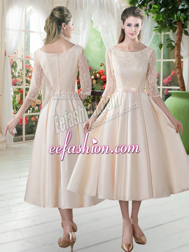  Champagne Prom Party Dress Prom and Party with Lace Scoop 3 4 Length Sleeve Zipper