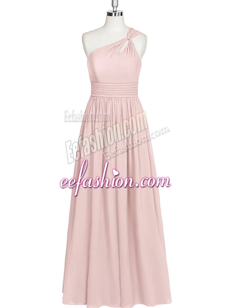 Fine Baby Pink Dress for Prom Prom and Party and Military Ball with Ruching One Shoulder Sleeveless Side Zipper