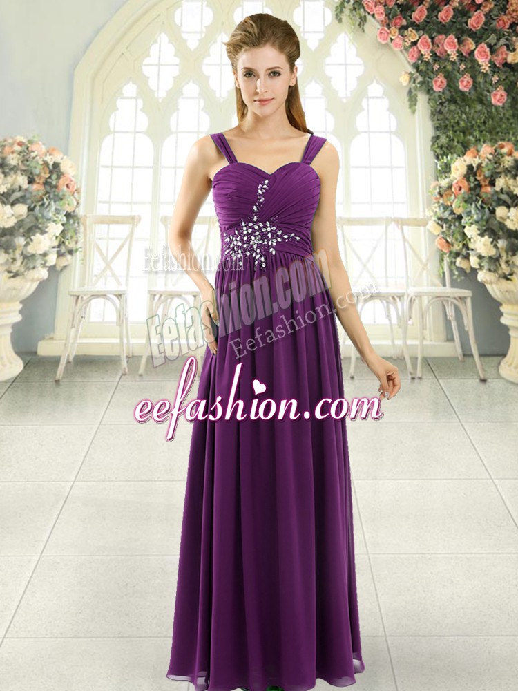 Dynamic Dark Purple Empire Spaghetti Straps Sleeveless Chiffon Floor Length Lace Up Beading and Ruching Prom Evening Gown