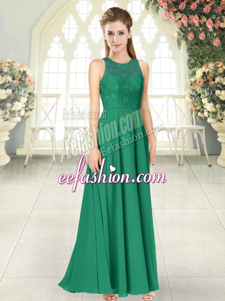 Beauteous Scoop Sleeveless Prom Gown Floor Length Lace Green Chiffon