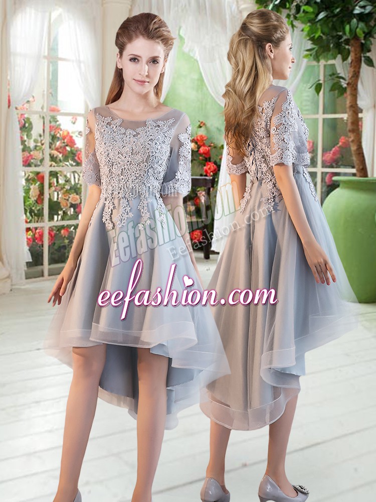 Flare Grey Lace Up Dress for Prom Appliques Half Sleeves High Low