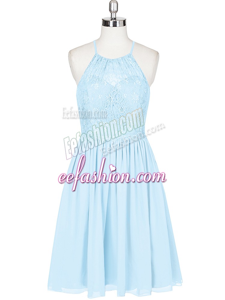  Mini Length Light Blue Prom Gown Chiffon Sleeveless Lace