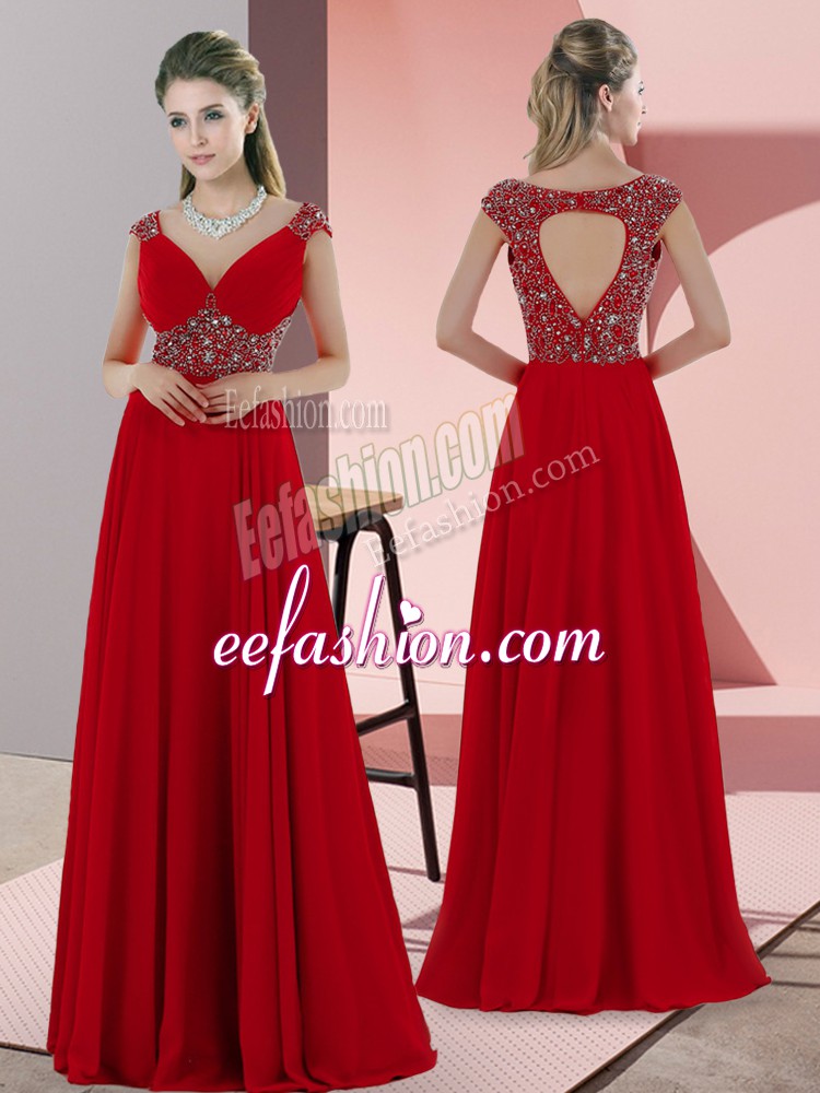  Sleeveless Satin Sweep Train Lace Up Prom Party Dress in Red with Beading
