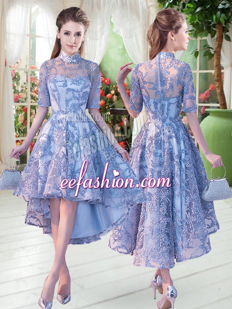 Top Selling High-neck Half Sleeves Lace Up Prom Evening Gown Blue