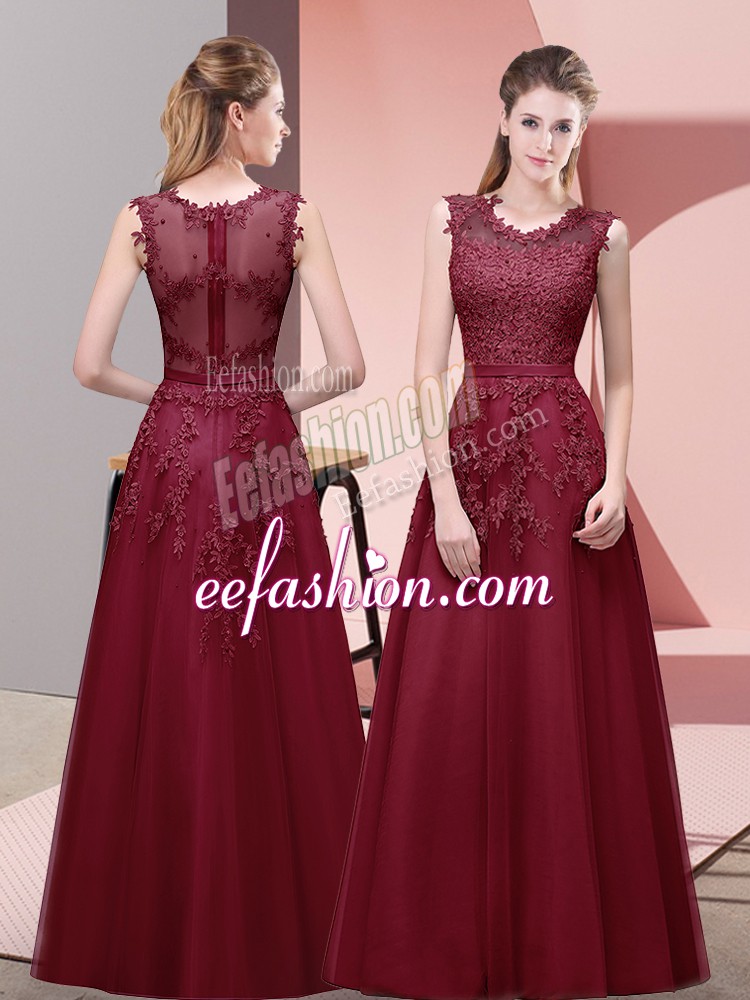  Sleeveless Floor Length Lace and Appliques and Belt Zipper Homecoming Dress with Burgundy