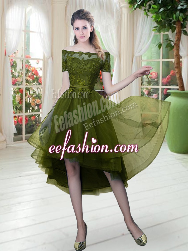 Wonderful Short Sleeves Tulle High Low Lace Up Evening Dress in Olive Green with Lace