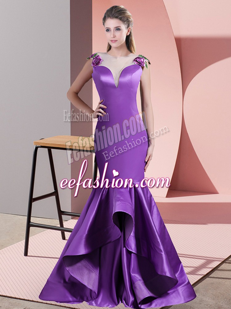  Eggplant Purple Sleeveless Satin Sweep Train Side Zipper Evening Dress for Prom and Party and Military Ball