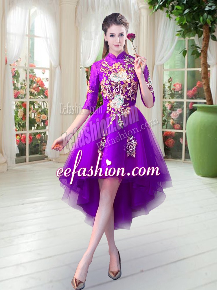  Purple Half Sleeves High Low Appliques Zipper Prom Evening Gown