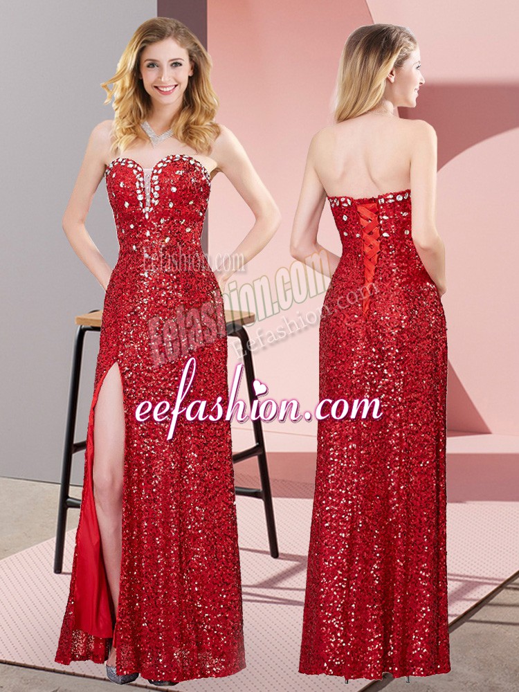 Elegant Red Column/Sheath Sequined Sweetheart Sleeveless Beading and Lace Floor Length Lace Up 