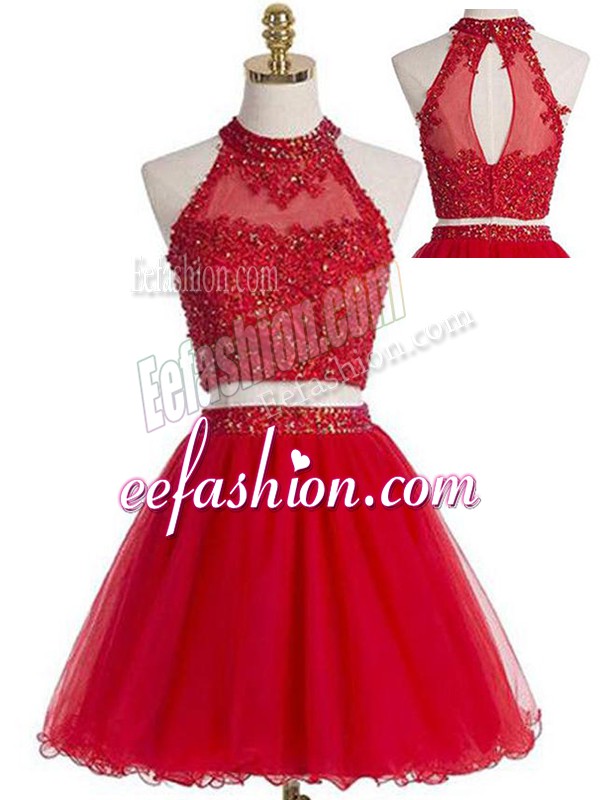  Mini Length Two Pieces Sleeveless Red Prom Gown Zipper