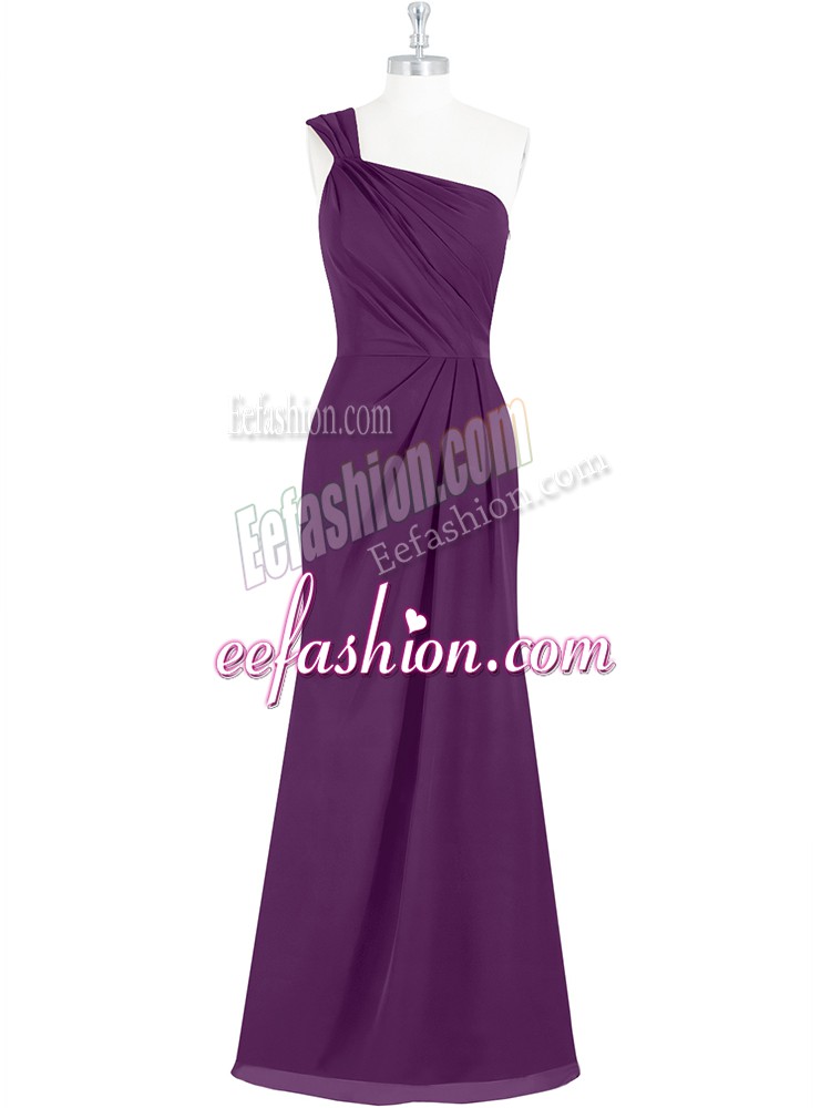  Floor Length Side Zipper Evening Dress Eggplant Purple for Prom and Party with Ruching