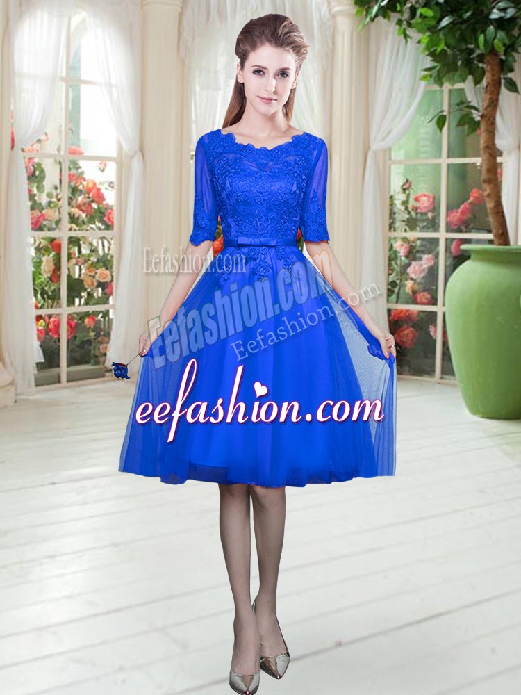 Glamorous Lace Prom Evening Gown Royal Blue Lace Up Half Sleeves Knee Length