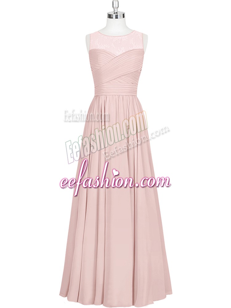 Fashionable Baby Pink Zipper Scoop Ruching Prom Dress Chiffon Sleeveless