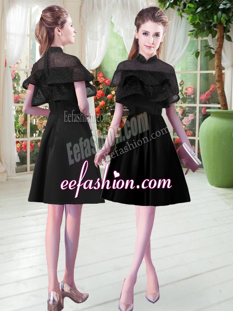 Popular Black A-line Satin High-neck Short Sleeves Lace Knee Length Zipper Evening Dress