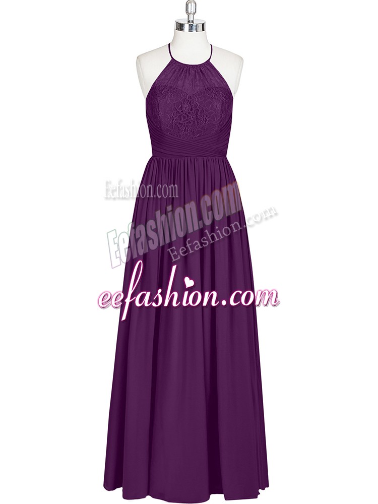  Eggplant Purple A-line Lace Prom Gown Zipper Chiffon Sleeveless Floor Length
