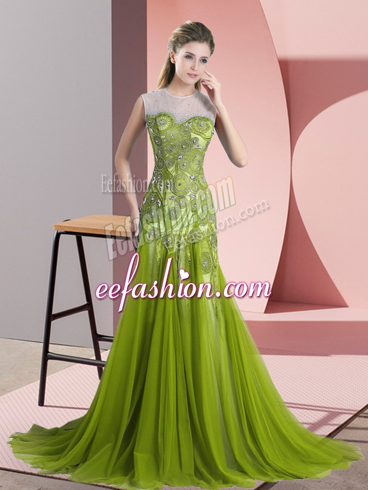  Olive Green Scoop Neckline Beading and Appliques Dress for Prom Sleeveless Backless