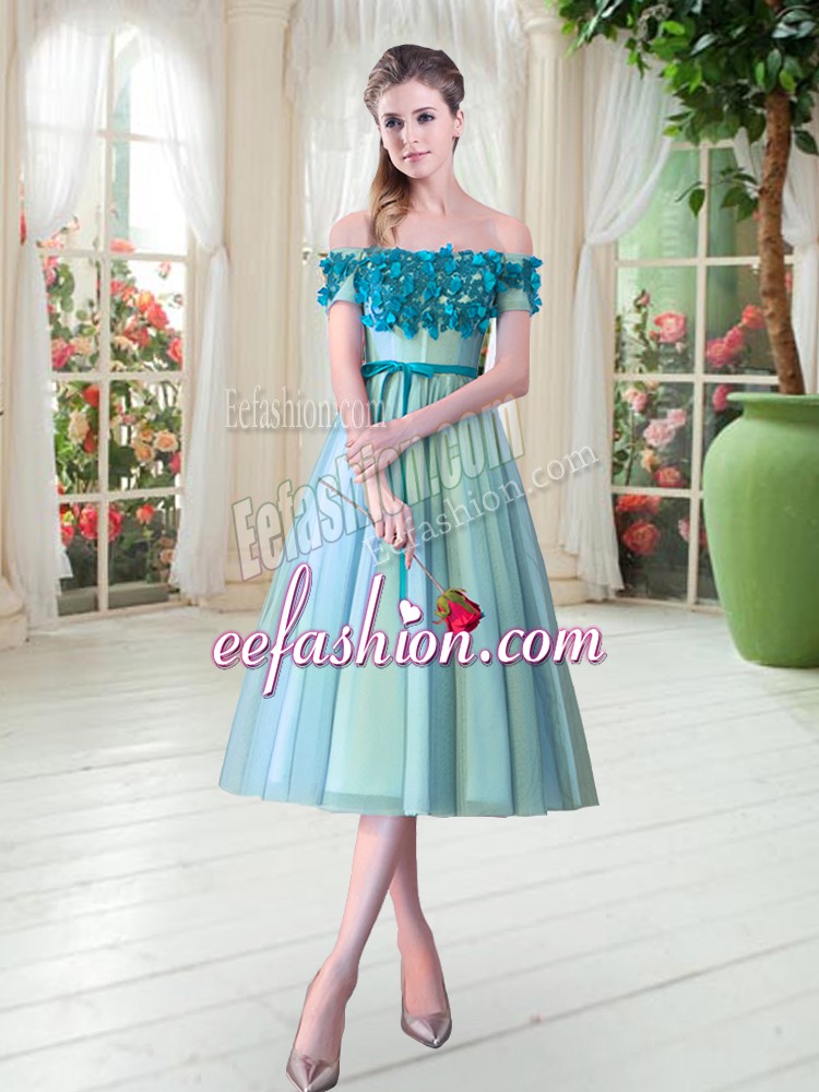 Adorable Aqua Blue A-line Tulle Off The Shoulder Sleeveless Appliques Tea Length Lace Up Prom Dress