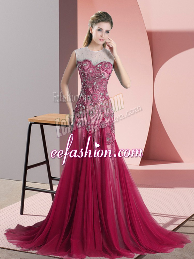 Pretty Scoop Sleeveless Prom Dress Sweep Train Beading and Appliques Red Tulle
