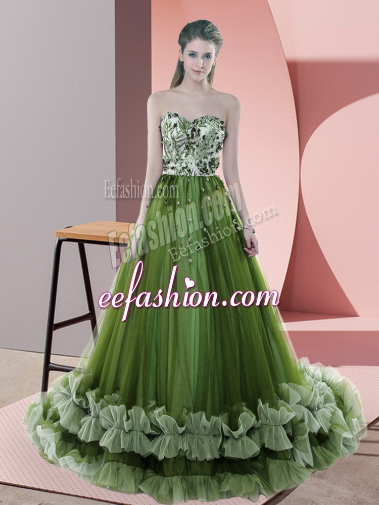 Edgy Beading and Appliques Evening Dress Green Lace Up Sleeveless Sweep Train