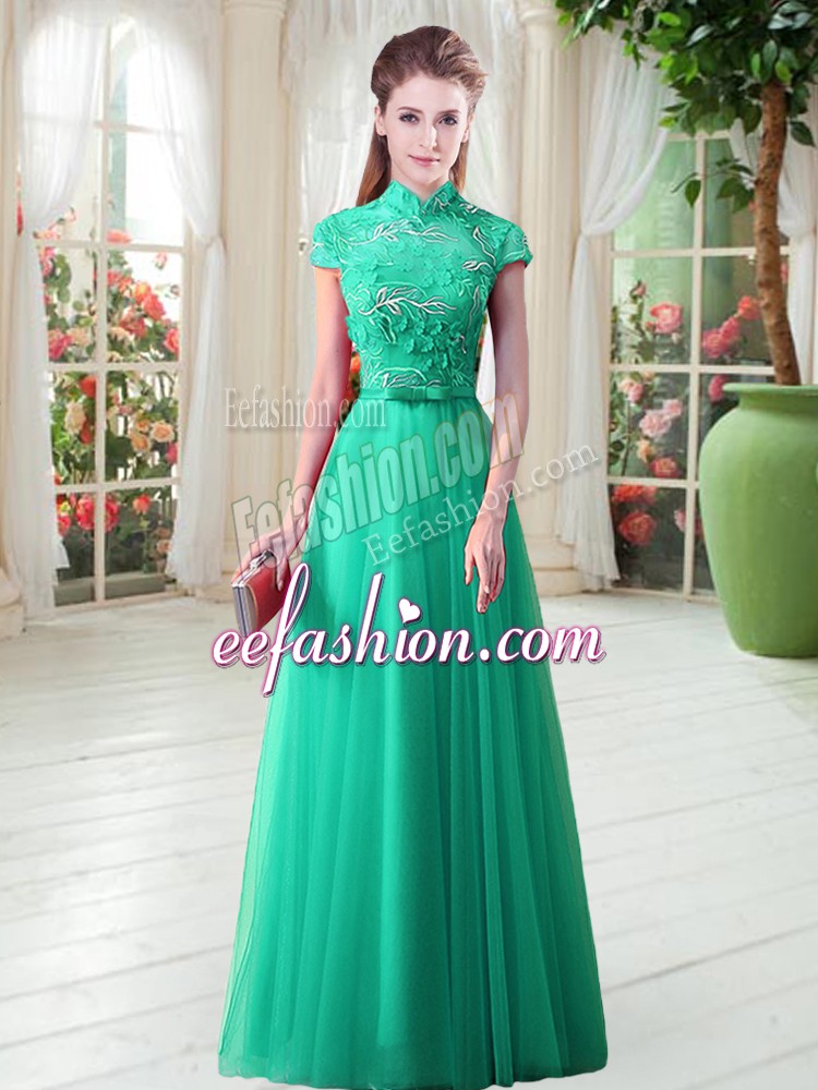 Charming Cap Sleeves Floor Length Appliques Lace Up Evening Dress with Green