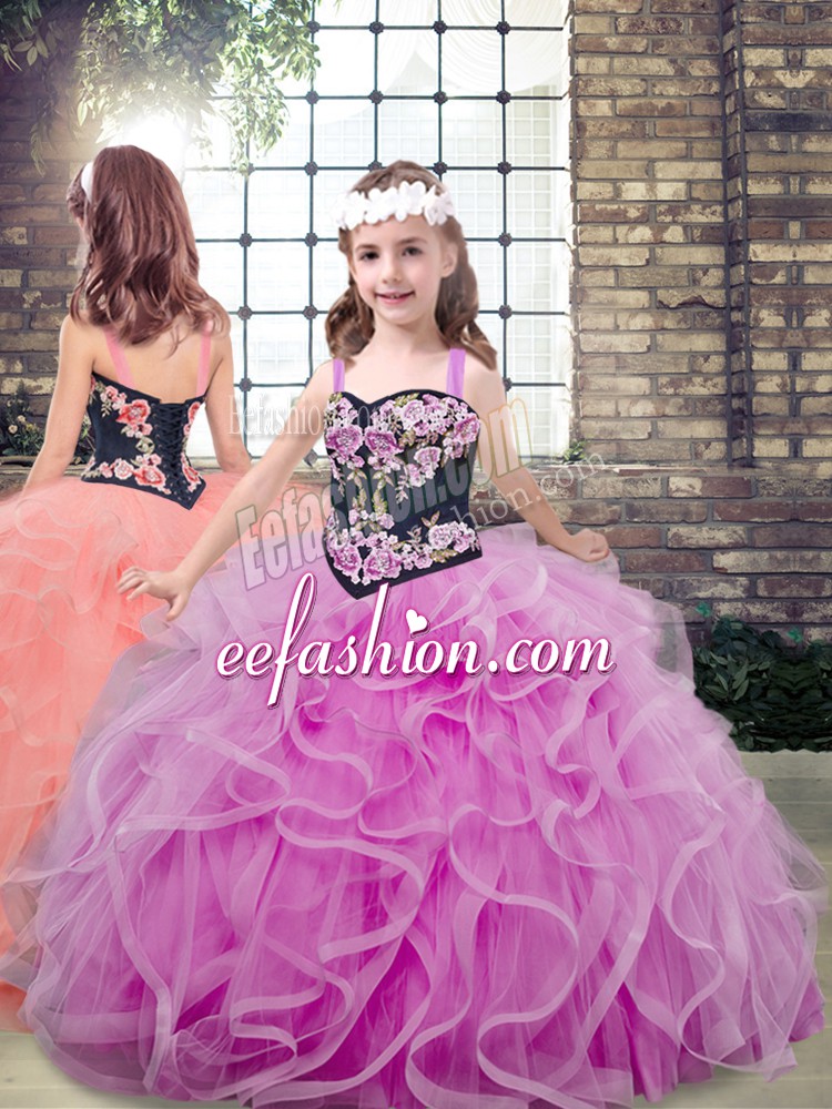 Custom Fit Lilac Lace Up Little Girls Pageant Dress Embroidery and Ruffles Sleeveless Floor Length