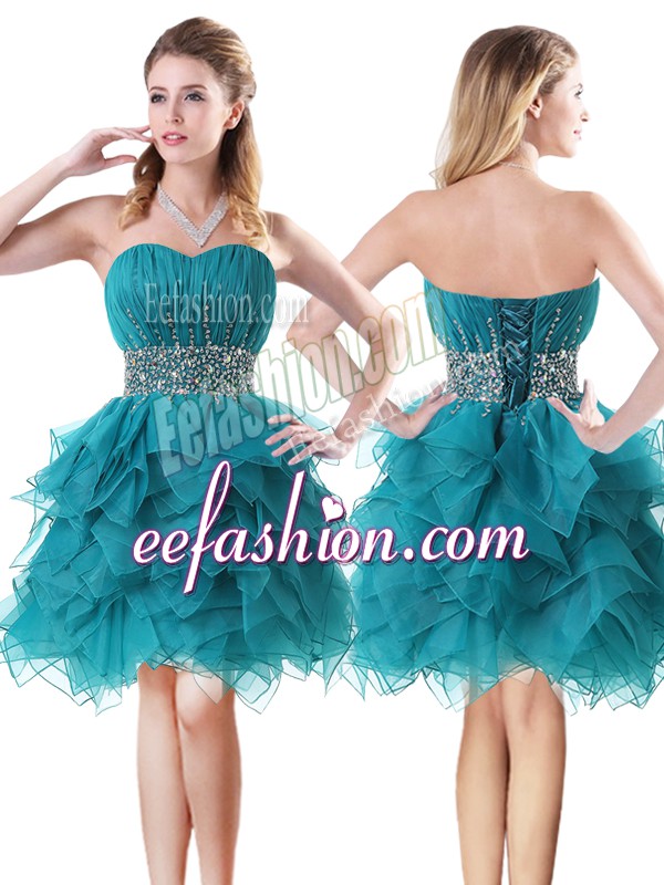 Fancy Sleeveless Mini Length Beading and Ruffles Lace Up Prom Party Dress with Teal 