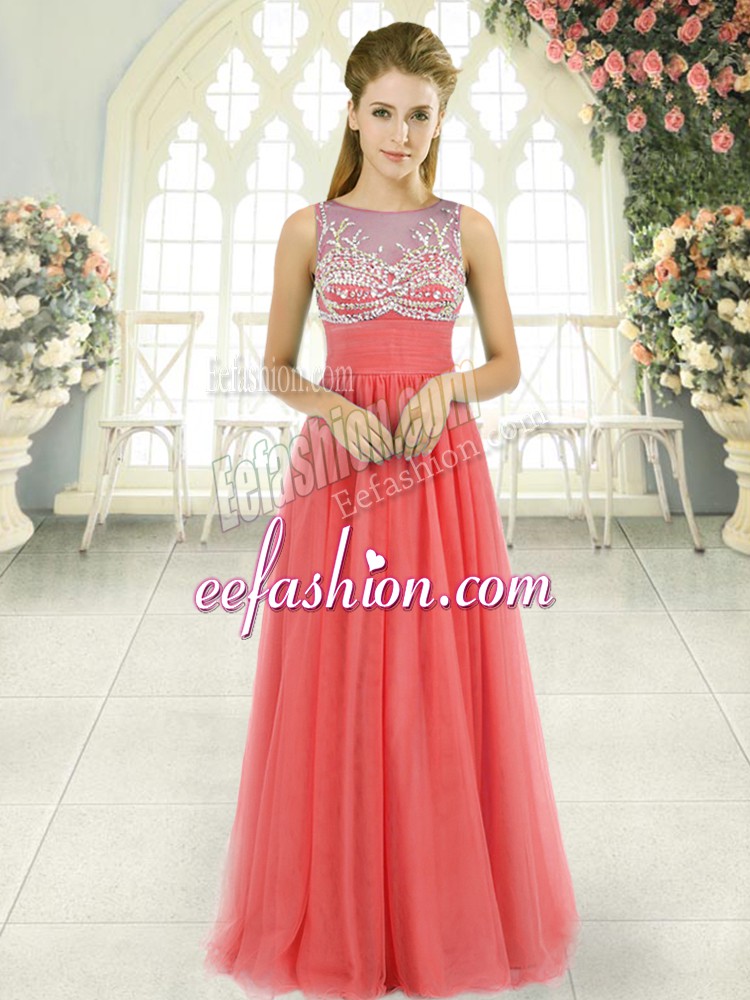  Sleeveless Tulle Floor Length Side Zipper Prom Evening Gown in Watermelon Red with Beading
