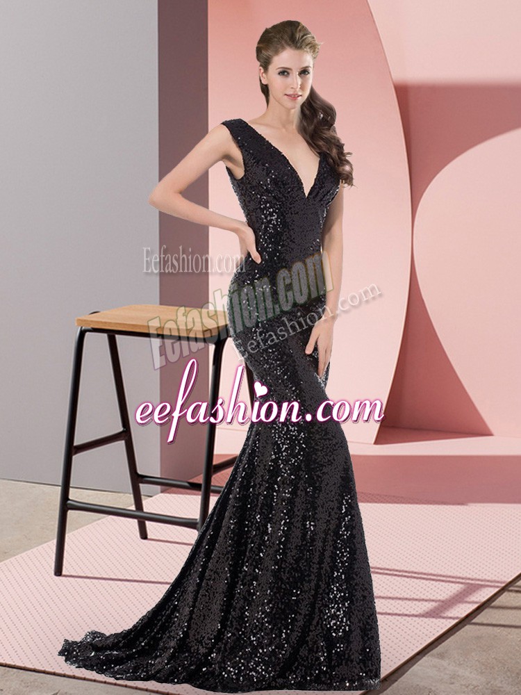 Custom Made Beading Formal Evening Gowns Black Lace Up Sleeveless Sweep Train