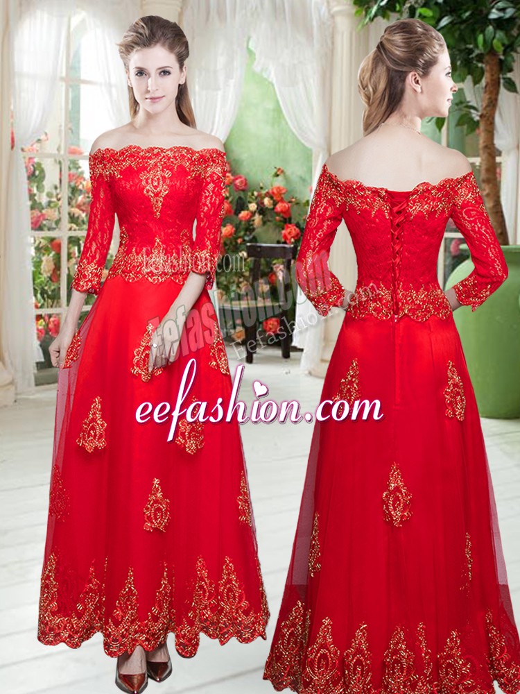 Glorious Tulle Off The Shoulder 3 4 Length Sleeve Lace and Appliques Dress for Prom in Red