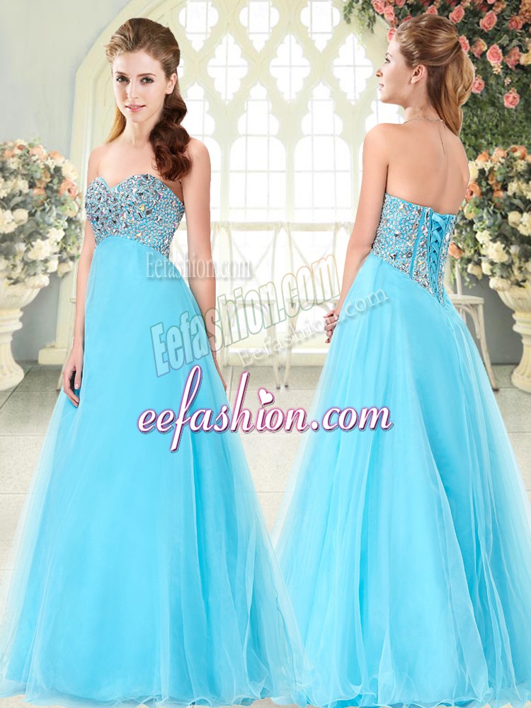 Eye-catching Floor Length Lace Up Aqua Blue for Prom and Party with Beading