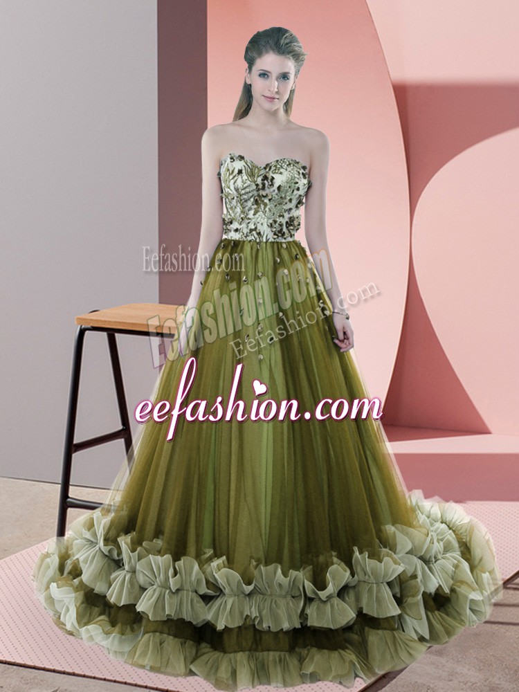  Sweetheart Sleeveless Tulle Prom Evening Gown Beading and Appliques Sweep Train Lace Up