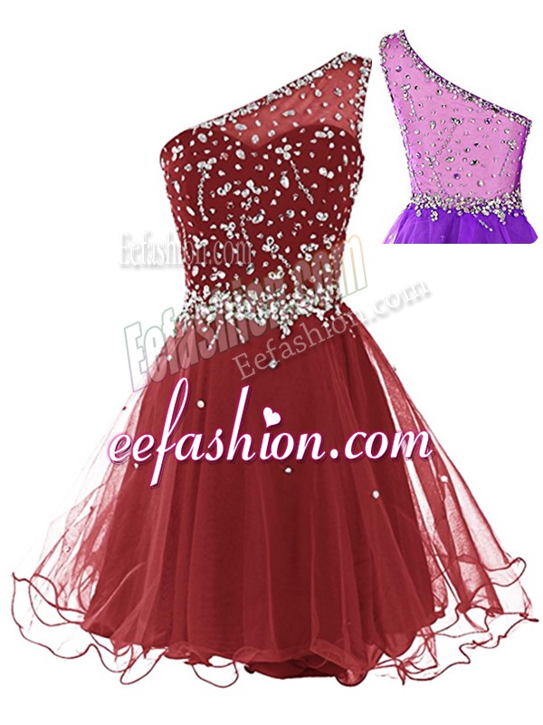  Mini Length Side Zipper Dress for Prom Wine Red for Prom and Party with Beading