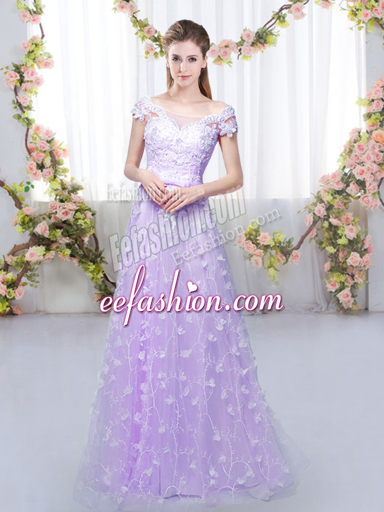  Lavender Cap Sleeves Tulle Lace Up Dama Dress for Quinceanera for Prom and Party and Wedding Party