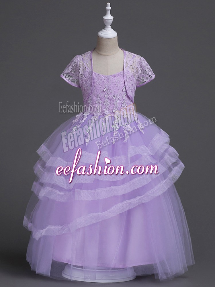 Delicate Lavender Zipper Spaghetti Straps Appliques and Ruffled Layers Flower Girl Dress Tulle Sleeveless