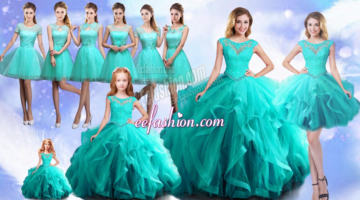 Elegant Aqua Blue Ball Gowns Beading Sweet 16 Dress Lace Up Cap Sleeves