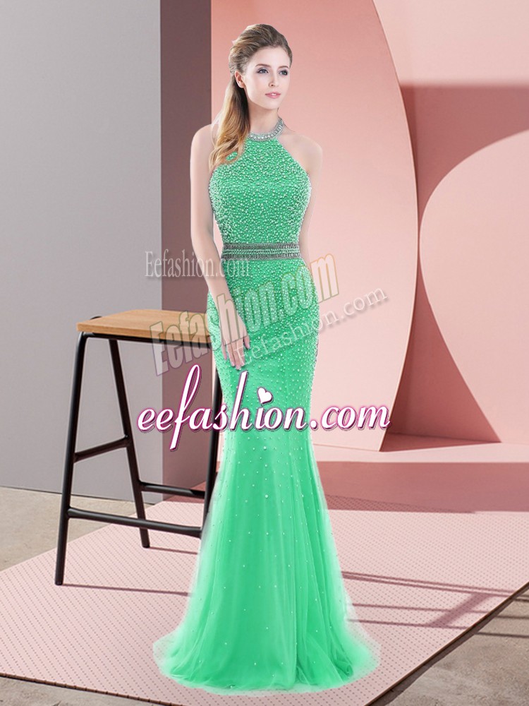 Affordable Sleeveless Beading Backless Prom Gown with Green Sweep Train