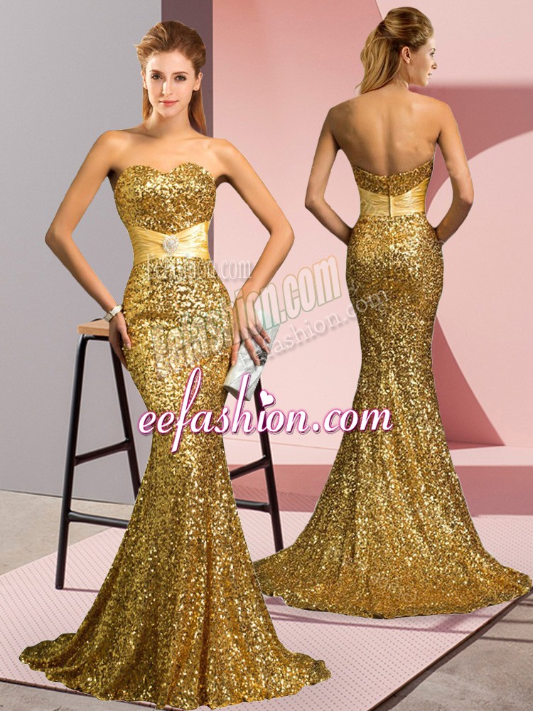  Gold Prom and Party and Military Ball with Beading Sweetheart Sleeveless Sweep Train Zipper