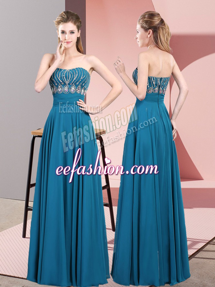 Hot Sale Sleeveless Floor Length Beading Lace Up Homecoming Dress with Blue