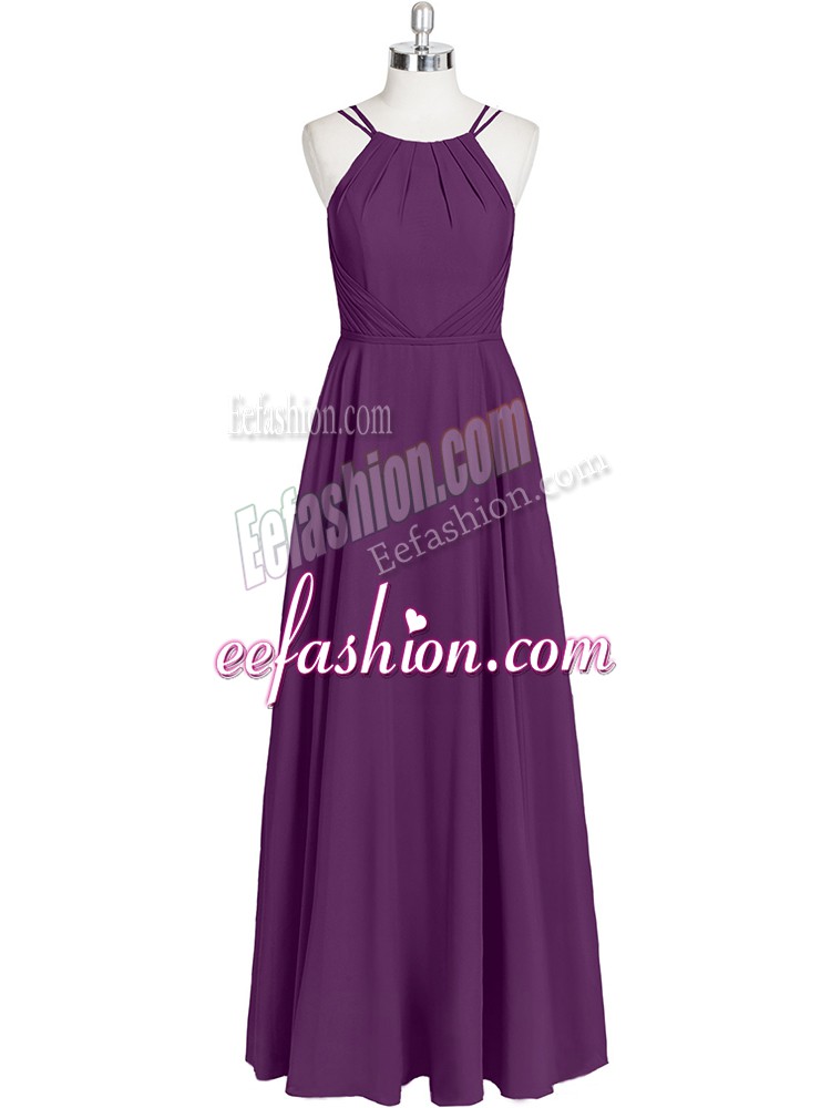 Dynamic Chiffon Straps Sleeveless Zipper Ruching Dress for Prom in Eggplant Purple