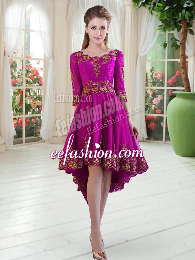 Artistic Purple Tulle Lace Up Prom Evening Gown Long Sleeves High Low Embroidery
