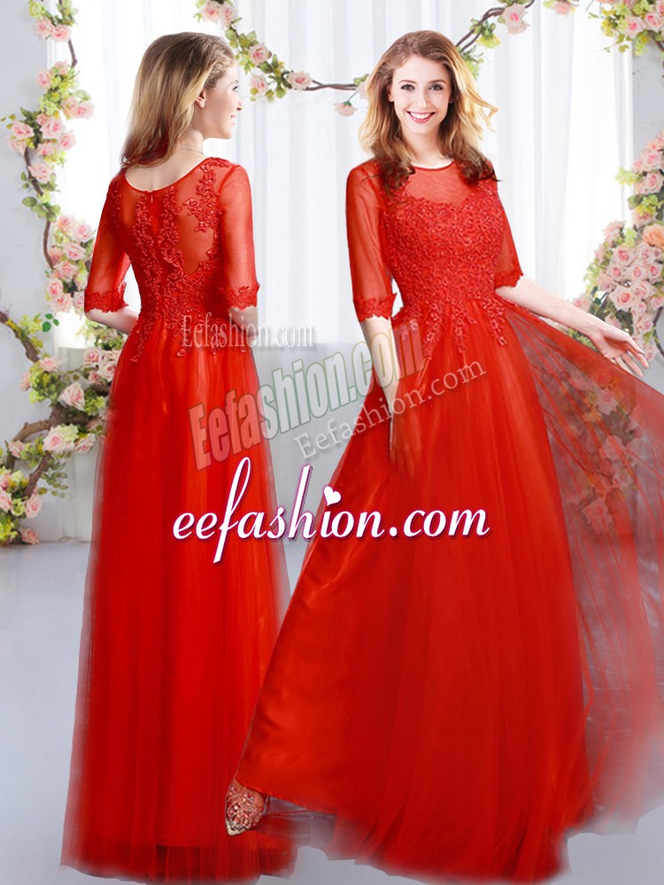 Glorious Red Half Sleeves Floor Length Lace Zipper Quinceanera Court of Honor Dress