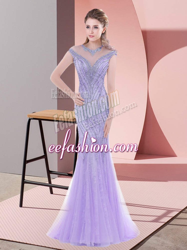  Lavender Formal Evening Gowns Scoop Cap Sleeves Sweep Train Lace Up