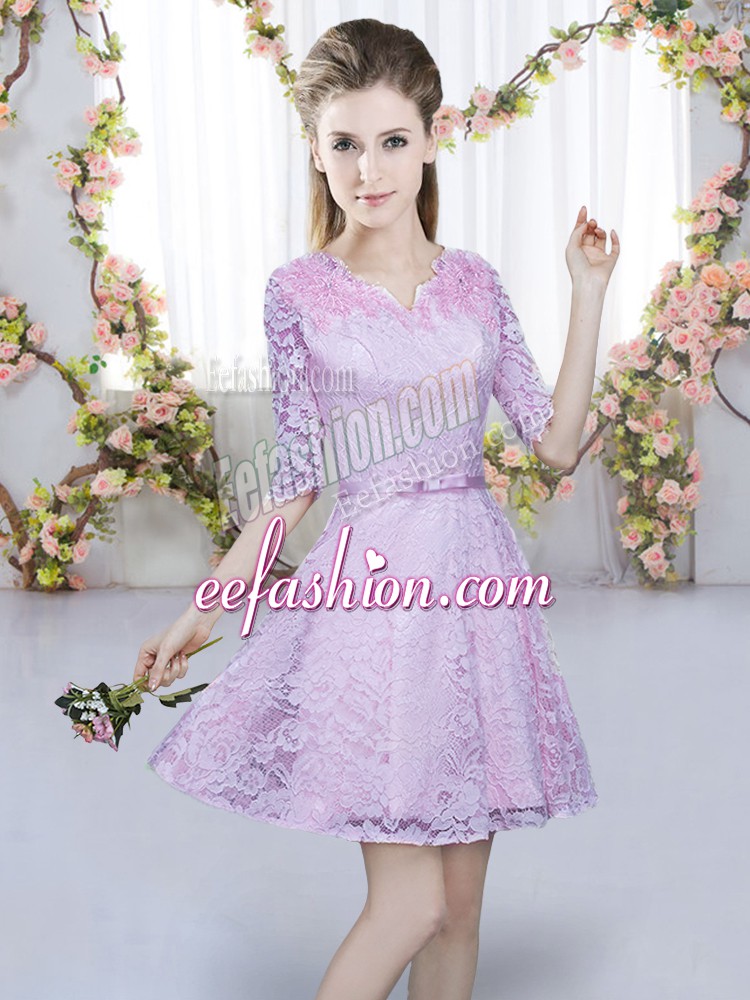 Glorious Mini Length Lavender Dama Dress Lace Half Sleeves Belt