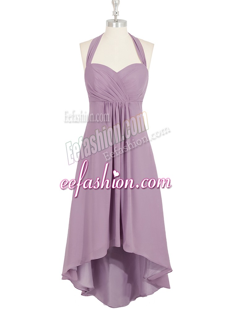 Cute Lilac Prom Evening Gown Prom and Party with Ruching Halter Top Sleeveless Zipper